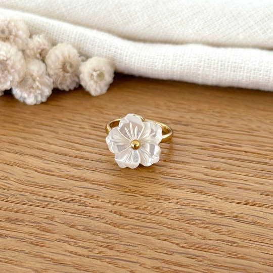 Bague tournante "Fleur nacre" acier