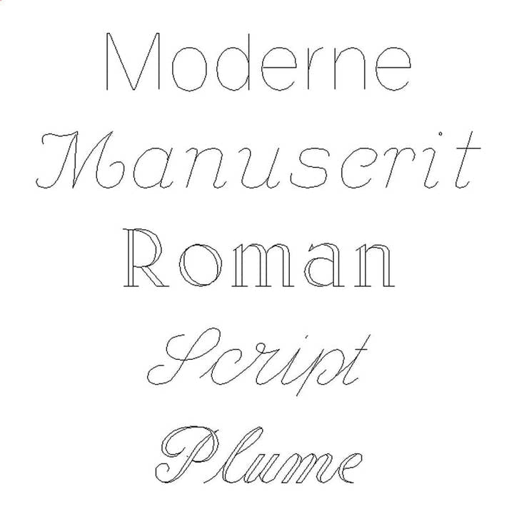 Les cinq écritures de gravure : Moderne, Manuscrite, Roman, Script et Plume