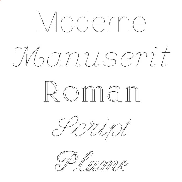 Les cinq écritures de gravure : Moderne, Manuscrite, Roman, Script et Plume
